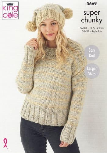 King Cole Ladies Sweater, Hat & Scarf Knitting Pattern in Timeless (Classic) Super Chunky (5669)