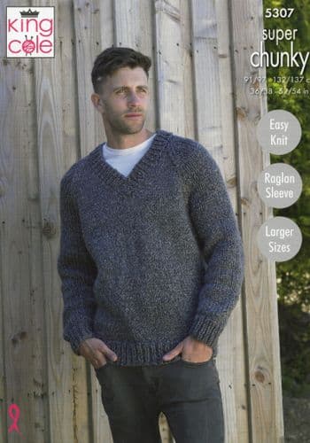 King Cole Men's V Neck Cardigan & Sweater Knitting Pattern in Stormy Super Chunky (5307)