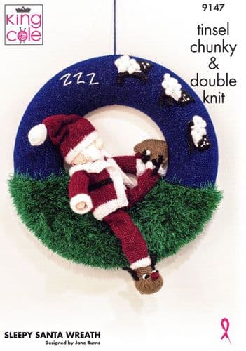 King Cole Sleepy Santa Wreath Knitting Pattern in Tinsel Chunky (9147)