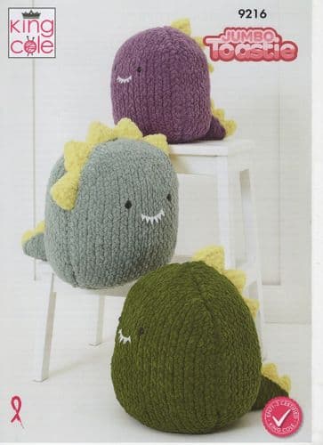 King Cole Squishy Dinosaur Toys Knitting Pattern in Jumbo Toastie (9216)