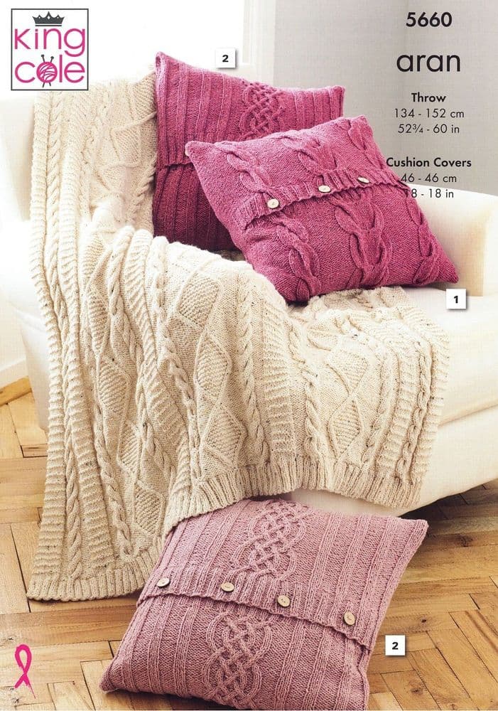 King Cole Throw & Cushion Covers Knitting Pattern in Forest Aran 5660