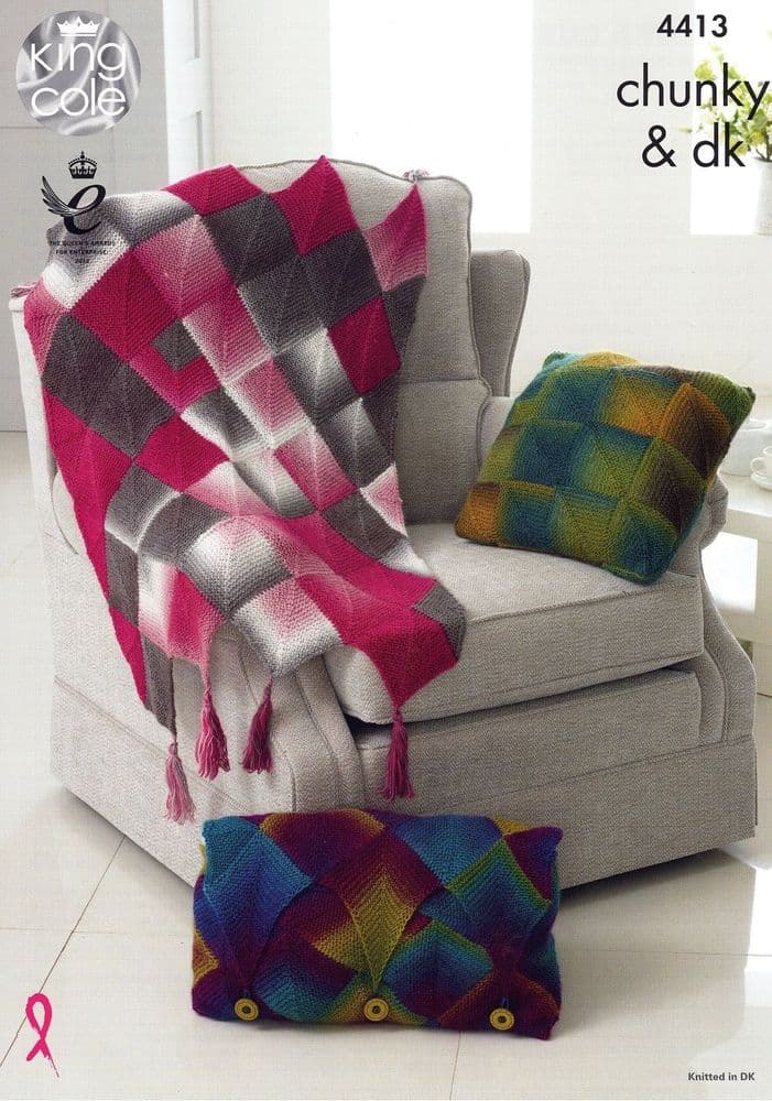 King Cole Throw & Cushions Knitting Pattern in Riot DK & Chunky 4413