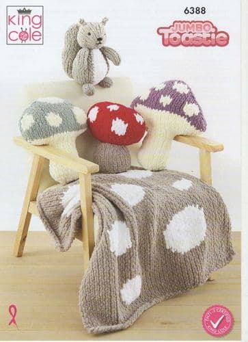 King Cole Toadstool Cushions, Blanket and Squirrel Knitting Pattern in Jumbo Toastie (6388)