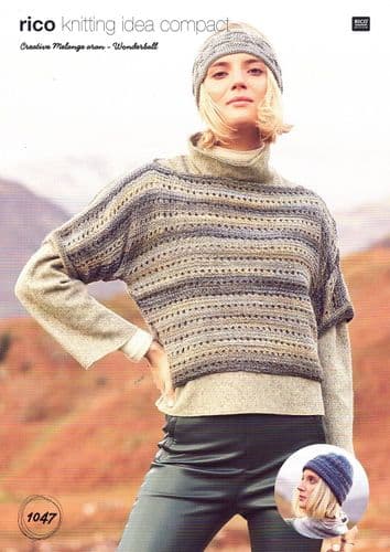 Rico Ladies Sweater & Hat Knitting Pattern in Creative Melange Aran Wonderball (1047)