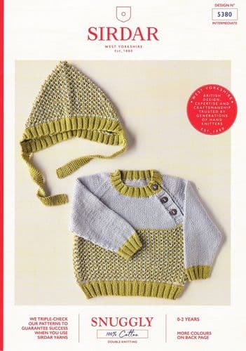 Sirdar Babies Jumper and Hat Knitting Pattern in Snuggly 100% Cotton DK (5380)