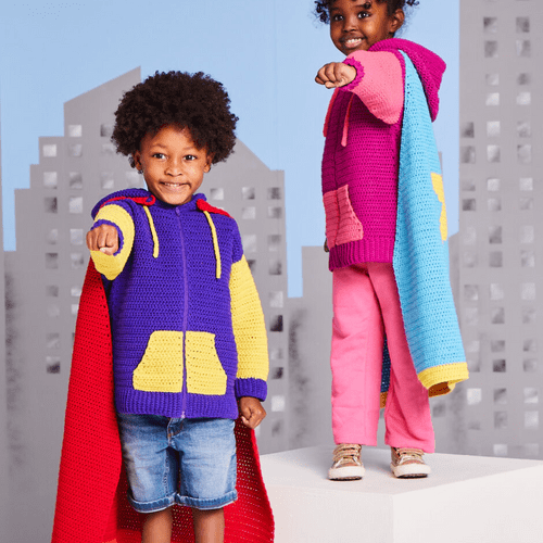 Sirdar Hero Hoodie and Cape Crochet Pattern in Snuggly Replay DK (2616)