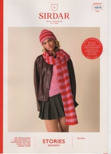 Sirdar Ladies Hat & Scarf Knitting Pattern in Stories Chunky (10878)