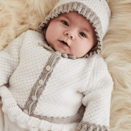 Sirdar Ruffle Cardi & Bonnet Knitting Pattern in Snuggly 3Ply (5518)