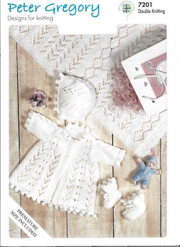 UKHKA Peter Gregory Babies Matinee Jacket Bonnet Bootees Shawl in DK (UKHKA7201)