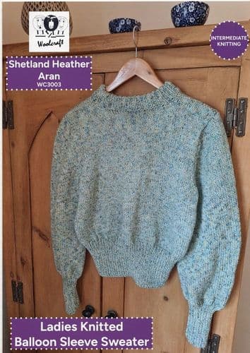 Woolcraft Ladies Balloon Sleeve Sweater Knitting Pattern in Shetland Heather Aran (3003)