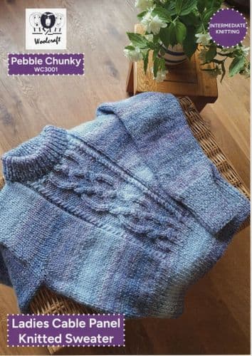 Woolcraft Ladies Cable Panel Sweater Knitting Pattern in Pebble Chunky (3001)