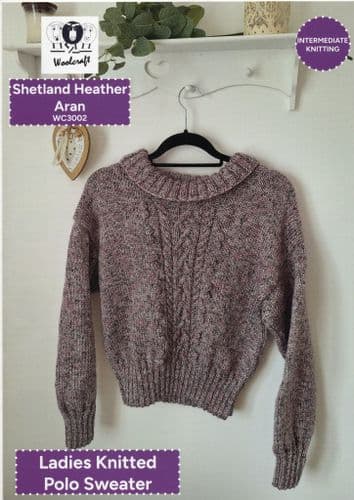 Woolcraft Ladies Polo Sweater Knitting Pattern in Shetland Heather Aran (3002)