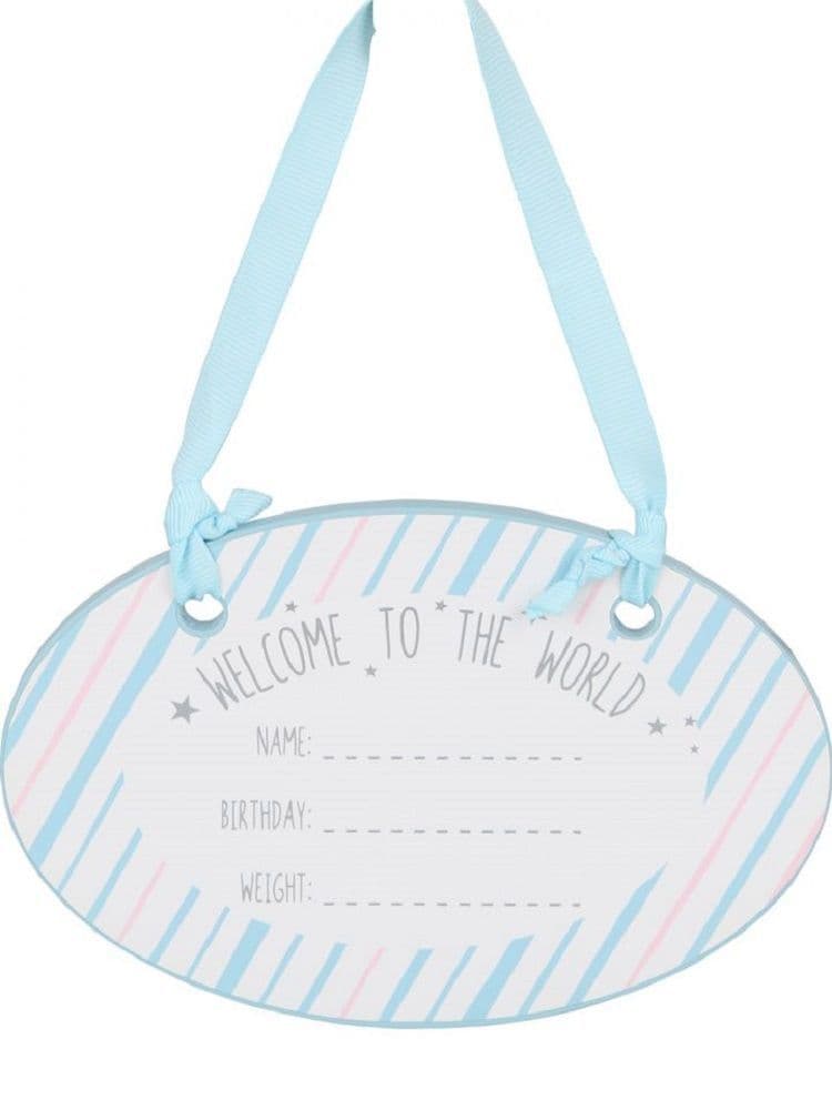 Welcome To The World Hanging Blue Baby Plaque