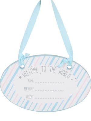 Welcome To The World Hanging Blue Baby Plaque