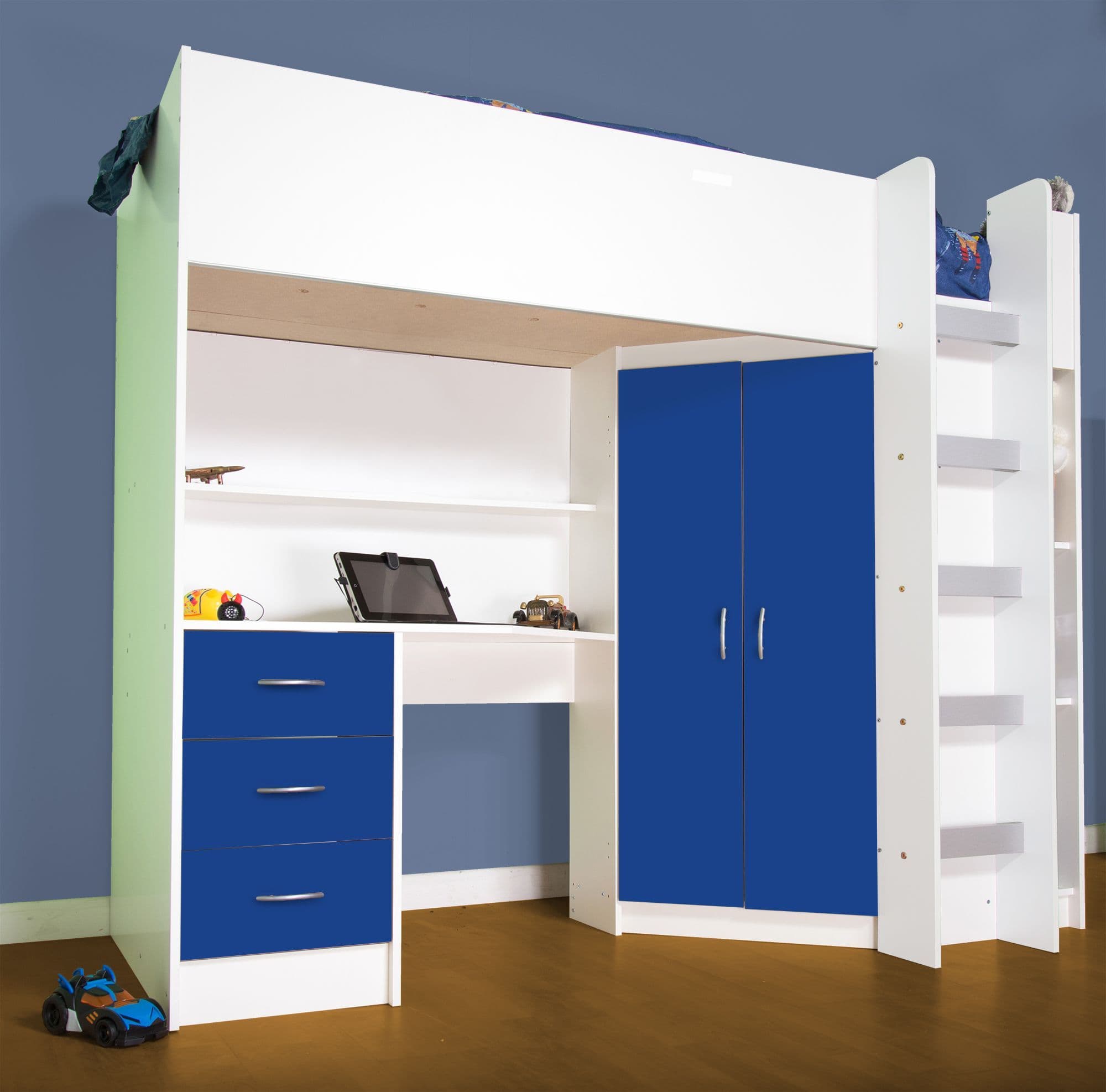 High sleeper cabin bed with desk and wardrobe Calder