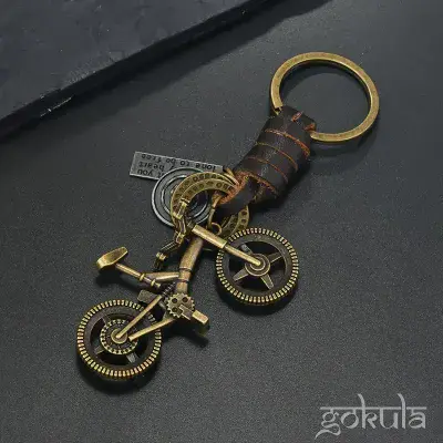 Antique Bronze Bicycle Keychain – Zinc Alloy with Braided Faux Leather Pendant