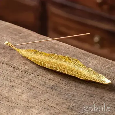 Bodhi Leaf Incense Holder – Gold Metal Burner Decoration for Sticks & Cones