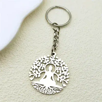 Buddha Zen Yoga Keychain Stainless Steel Tree of Life