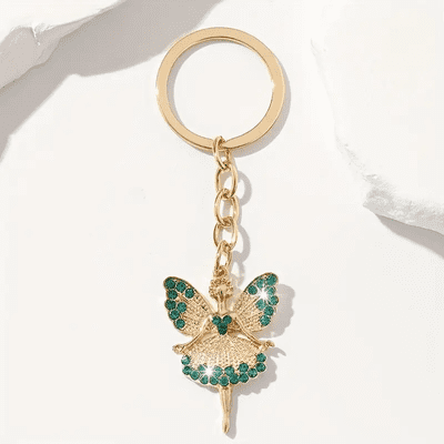 Cute Angel Keychain with Green Rhinestone Accents