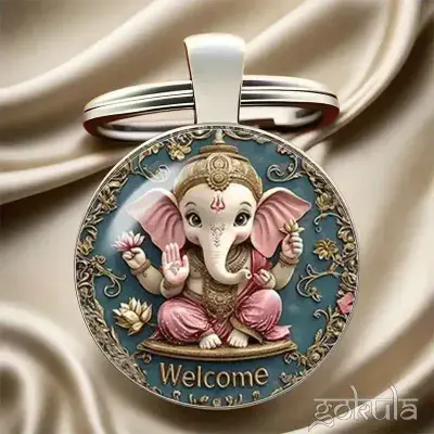 Elegant Ganesha Keychain – Alloy & Convex Glass Pendant, Spiritual Gift