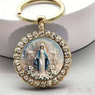 Mother Mary Keychain – Elegant Floral Pattern, Golden-Tone Stainless Steel