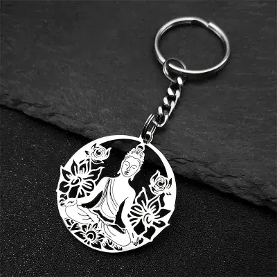 Stainless Steel Buddha Lotus Mandala Keychain – Spiritual Meditation Key Ring