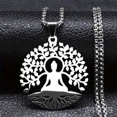 Stainless Steel Buddha Tree of Life Pendant Necklace – Yoga Meditation Jewelry