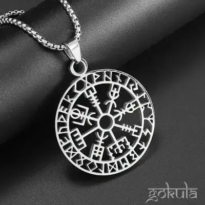 Stainless Steel Vegvisir Viking Compass Necklace – Norse Rune Amulet Pendant