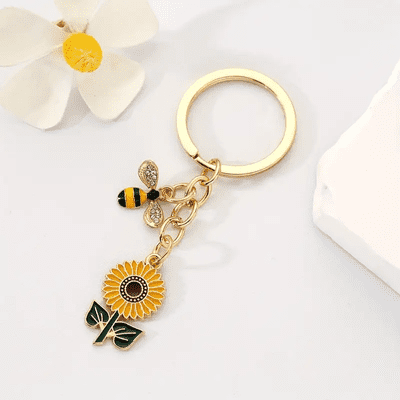 Sunflower and Bee Keychain Pendant - Alloy Keychain Ring