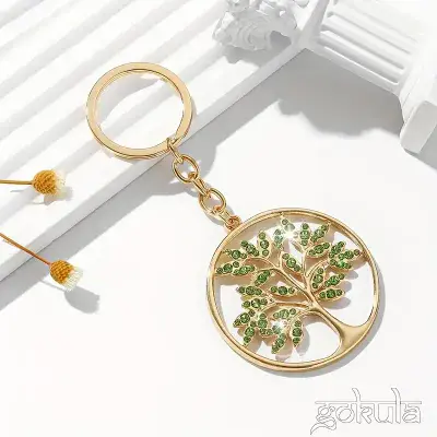 Tree of Life Keychain – Green Rhinestone Gold-Tone Pendant for Women