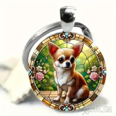 Vintage Chihuahua Keychain – Zinc Alloy 2D Stained Glass Floral Dog Pendant