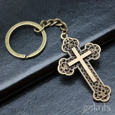 Vintage Cross Pendant Keychain – Alloy Lace Design, Religious Gift Accessory