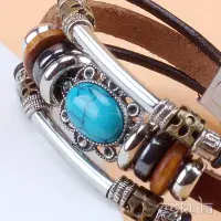 Vintage Green Turquoise Beaded Faux Leather Bracelet – Stainless Steel Buckle
