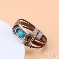 Vintage Green Turquoise Beaded Faux Leather Bracelet – Stainless Steel Buckle