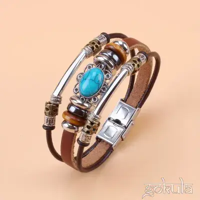 Vintage Green Turquoise Beaded Faux Leather Bracelet – Stainless Steel Buckle