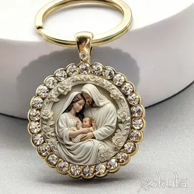 Virgin Mary, Joseph & Baby Jesus Keychain – Stainless Steel, Floral & Jewel