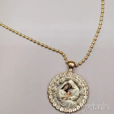 Virgin Mary & Joseph with Baby Jesus Pendant Necklace – Golden-Tone Stainless