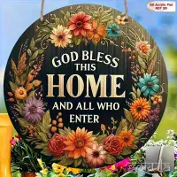 Wooden “God Bless This Home” Wreath Wall Art – Floral Round Welcome Décor