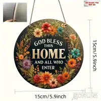 Wooden “God Bless This Home” Wreath Wall Art – Floral Round Welcome Décor