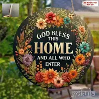 Wooden “God Bless This Home” Wreath Wall Art – Floral Round Welcome Décor