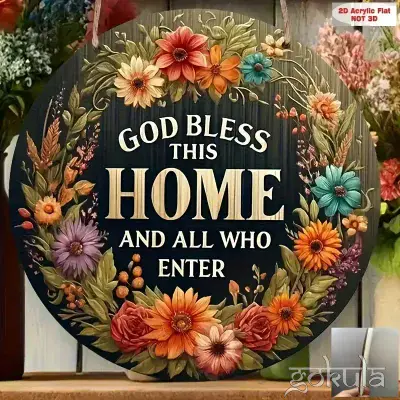 Wooden “God Bless This Home” Wreath Wall Art – Floral Round Welcome Décor