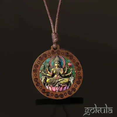 Wooden Goddess Lakshmi Pendant Necklace – Handcrafted Bohemian Glass Inlay