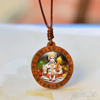 Wooden Hanuman Pendant Necklace – Handcrafted Bohemian Glass Inlay