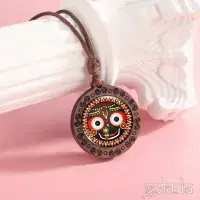 Wooden Lord Jagannath Pendant Necklace – Handcrafted Bohemian Glass Inlay