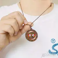 Wooden Lord Jagannath Pendant Necklace – Handcrafted Bohemian Glass Inlay