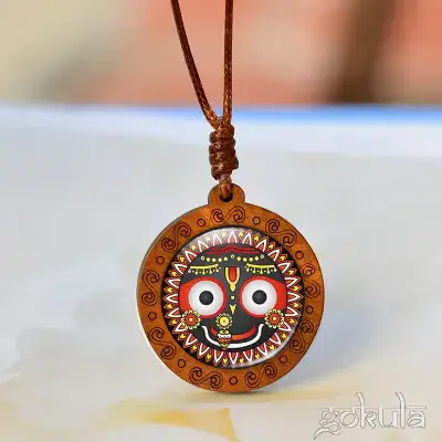 Wooden Lord Jagannath Pendant Necklace – Handcrafted Bohemian Glass Inlay