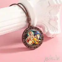 Wooden Lord Krishna with Cows Pendant Necklace – Handcrafted Bohemian Glass Inlay