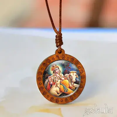 Wooden Lord Krishna with Cows Pendant Necklace – Handcrafted Bohemian Glass Inlay
