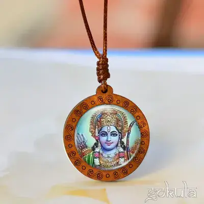 Wooden Lord Rama Pendant Necklace – Handcrafted Bohemian Glass Inlay