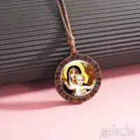 Wooden Mother Mary & Baby Jesus Necklace – Handcrafted Bohemian Glass Inlay Pendant